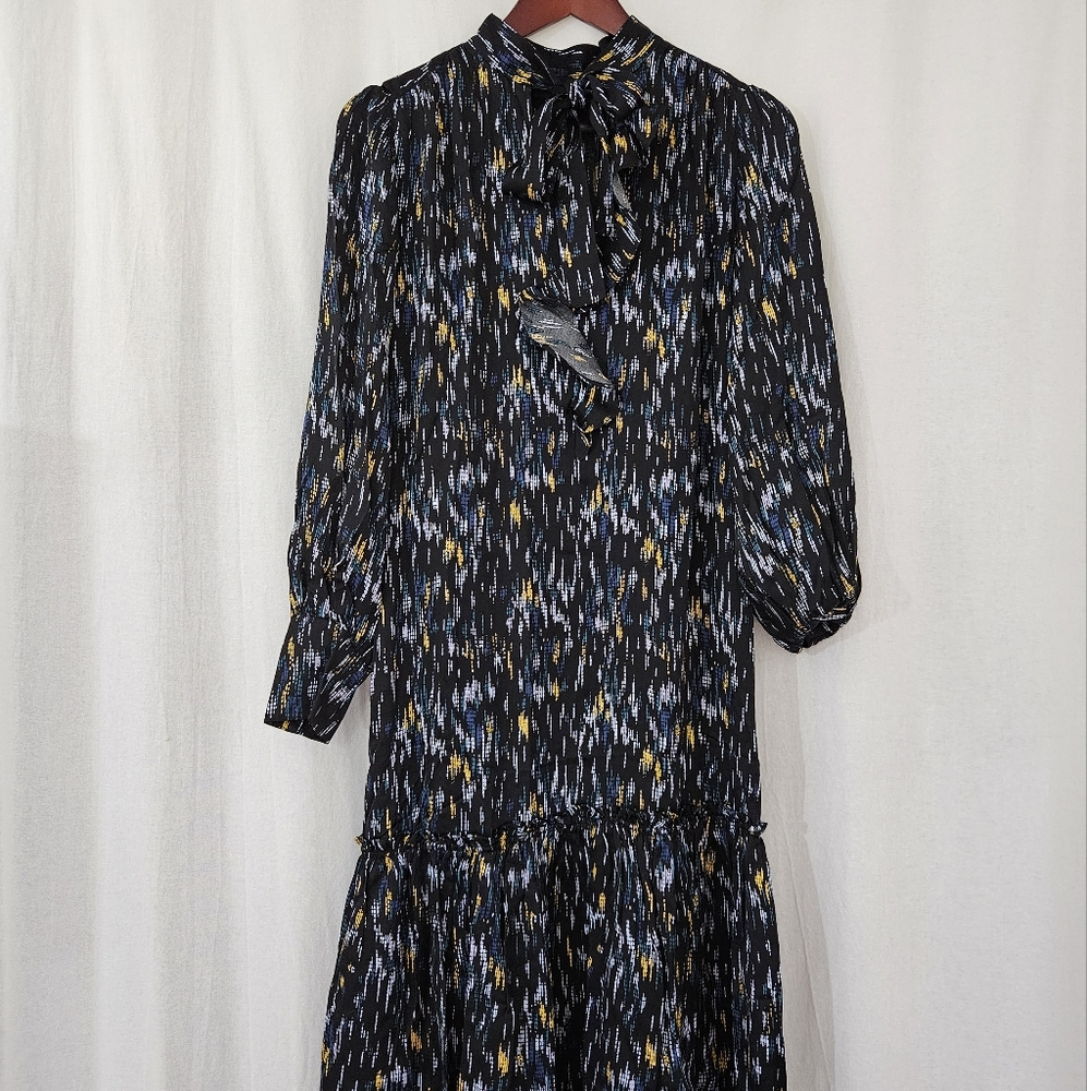 la joie Long Sleeve Ruggle Trim Midi Dress in Black & Blue Print Women's Size S